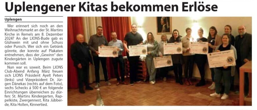 Presseartikel von der Lions Club Spende zeigt offizielle Übergabe der Spendenchecks