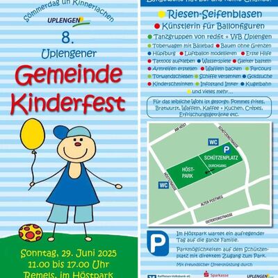 Bild vergr&ouml;&szlig;ern: Das Bild ist ein digitaler Flyer, der über das Kinderfest am 29.06.25 im Höstpark in Remels informiert.