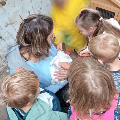 Bild vergr&ouml;&szlig;ern: Das Bild zeigt, wie den Kindern ein Kaninchen vorgestellt wird.