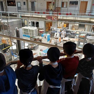 Das Foto zeigt sechs Kinder an einem Geländer über der Backstube in der Bäckerei Ripken. Die Kinder schauen dem geschäftigten Treiben zu.